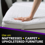 Hand pressing down on a mattress topper above text listing recommended uses including mattresses, carpet and upholstered furniture