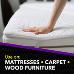 Hand pressing down on a mattress topper above text listing use on mattresses, carpet and wood furniture