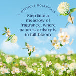 Meadow-themed graphic with scattered white flowers and headline inviting viewers to 'Step into a meadow of fragrance'