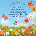 Promotional graphic with meadow of orange and white flowers and text inviting viewers into a meadow of fragrance