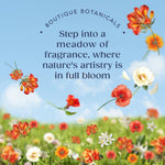 Promotional graphic with floral meadow artwork and copy inviting viewers to 'Step into a meadow of fragrance' on a blue sky background.