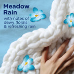 Close-up of chunky white knit fabric, small blue flowers and text describing 'Meadow Rain' with floral and rain notes