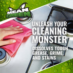 Mean Green branded graphic showing hand wiping a stove with cloth and copy 'Unleash Your Cleaning Monster'