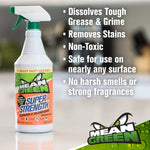 Mean Green bottle with text callouts describing features like dissolves grease and non-toxic