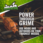 Promotional graphic with Mean Green logo over workshop tools and headline 'Power Through Grime' for heavy‑duty cleaning