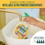 Mean Green refillable cleaner bottle being filled at a sink, infographic text promoting refillable ultra powered concentrate.