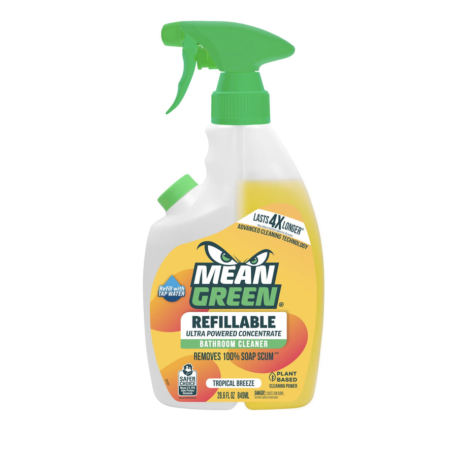 Mean Green refillable bathroom cleaner spray bottle with green trigger and yellow label reading 'Mean Green Refillable'.