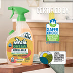 Mean Green refillable cleaner bottle staged on a counter with Safer Choice and USDA Certified Biobased Product logos nearby.