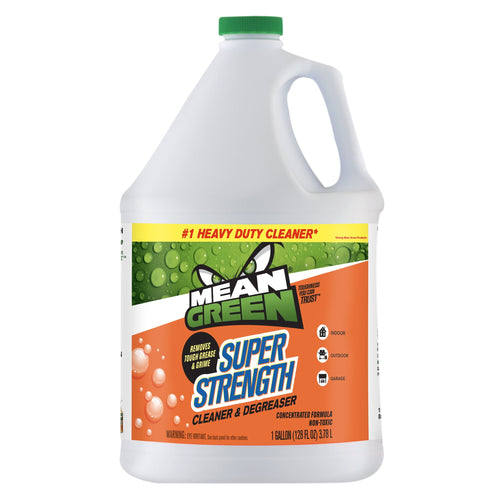 White one‑gallon jug of Mean Green Super Strength cleaner and degreaser with green cap and orange label