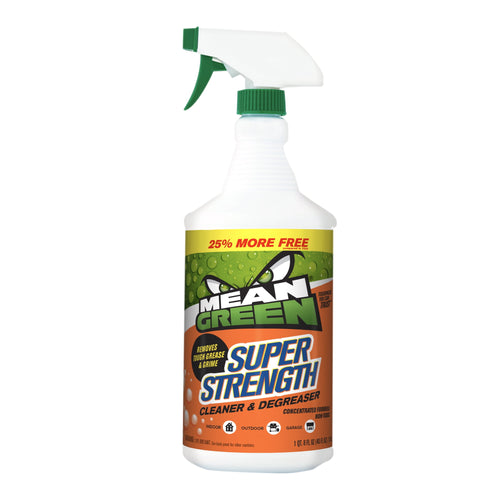 Mean Green Super Strength spray bottle on white background with green and orange label