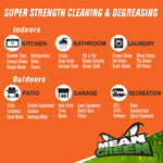 Orange infographic panel listing indoor and outdoor uses for Mean Green Super Strength cleaning and degreasing