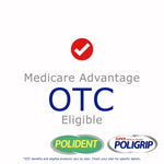 White graphic declaring ‘Medicare Advantage OTC Eligible’ with Polident and Poligrip logos at the bottom
