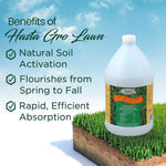 Medina Hasta Gro one-gallon bottle displayed on a grassy soil cross-section with benefits text and sky background