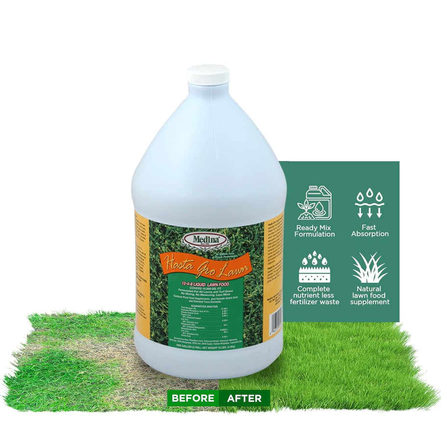 Gallon jug of Medina Hasta Gro Lawn Food on grass with a before/after grass strip and informational icons