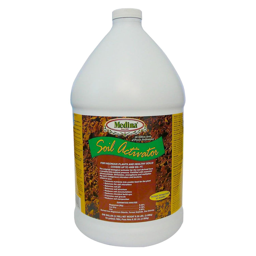 White one-gallon Medina jug with a brown and green Soil Activator product label on a white background