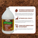 Medina Soil Activator gallon jug beside an infographic panel listing coverage, soil vitality, and root development benefits