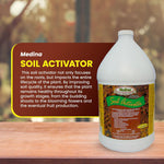 Medina Soil Activator gallon jug shown next to informational panel describing soil and plant benefits on blurred background