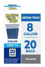 Close-up product graphic of a Medium Trash Bags box labeled 8 gallon, twist tie and 20 bags with unscented panel
