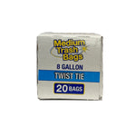 Square photo of the end of a Medium Trash Bags carton displaying 8 gallon, twist tie and 20 bags information on white background