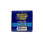Front-facing image of a small Medium Trash Bags cube-style box labeled 8 gallon, twist tie and 20 bags on white background