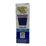 Tall narrow photograph of a Medium Trash Bags box showing 8 gallon, twist tie and 20 bags branding on white background