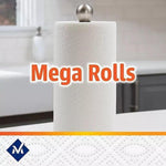 Single white paper towel roll on a countertop with text overlay 'Mega Rolls' and Member's Mark logo at the bottom.