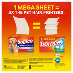 Infographic showing one mega sheet equaling three pet hair fighters with images of Bounce Megasheets and regular Bounce boxes.