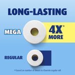 Infographic showing a mega roll versus a regular roll with text 'Long-Lasting' and '4X more' on blue background