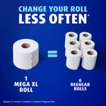 Graphic showing one Mega XL toilet paper roll equaling six regular rolls against a blue background with bold text.