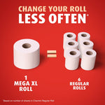 Graphic comparing one Mega XL roll to six regular rolls on red background with heading ‘Change your roll less often’