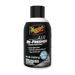 Meguiar's Whole Car Air Re-Fresher aerosol can with black chrome label on white background, front view.