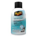 Meguiar's Whole Car Air Re-Fresher aerosol can with blue label and black cap photographed on white background.