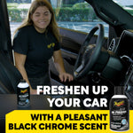 Person entering a car interior with Meguiar's Air Re-Fresher product images and bold text 'Freshen Up Your Car' promotional graphic.