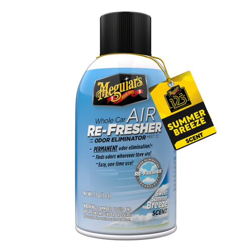 Close-up product shot of a Meguiar's Whole Car Air Re-Fresher spray can in Summer Breeze scent with a hanging tag