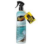 Tall Meguiar's Air Re-Fresher trigger-spray bottle in blue labeled 'Air Re-Fresher' with a yellow 'New Car Scent' hang tag.