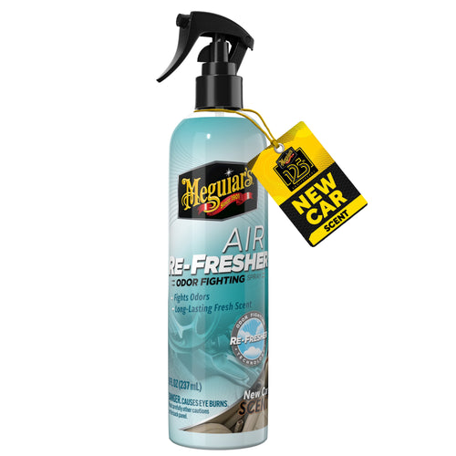 Tall Meguiar's Air Re-Fresher trigger-spray bottle in blue labeled 'Air Re-Fresher' with a yellow 'New Car Scent' hang tag.