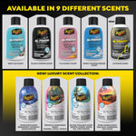 Grid showing nine Meguiar's Air Re-Fresher scent variants with bottle visuals and a 'New! Luxury Scent Collection' panel below.
