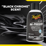 Meguiar's Air Re-Fresher can labeled 'Black Chrome' shown against a glossy black abstract background with scent callout.