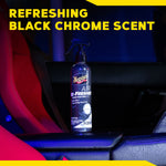 Meguiar’s Air Re-Fresher bottle placed on a car center console with headline advertising refreshing Black Chrome scent.