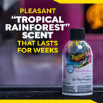 Meguiar’s Tropical Rainforest Air Re-Fresher can in foreground with text about a pleasant scent that lasts weeks