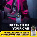 Meguiar’s air re-fresher can placed on a car floor releasing mist with bold promotional text