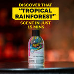Meguiar’s Tropical Rainforest Air Re-Fresher can on a surface with text claiming scent in 15 minutes