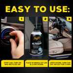Three-step usage graphic showing car vent control, Meguiar's Re-Fresher can spraying, and opening car doors with simple instructions.