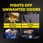 Four-panel graphic showing sources of car odors - fries, pet hair, gym bag and cigarette - with headline 'Fights Off Unwanted Odors'.