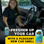 Lifestyle image of a person inside a car with a Meguiar's air re-fresher can on the console and bold text ‘Freshen Up Your Car’.