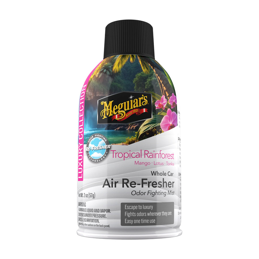 Close-up product shot of Meguiar’s Tropical Rainforest Air Re-Fresher can with black cap