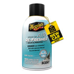 Meguiar's Whole Car Air Re-Fresher aerosol can with New Car scent hangtag, light blue label and black cap on white background.