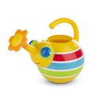 Bright yellow striped bug-shaped watering can with flower-shaped spout on a white background