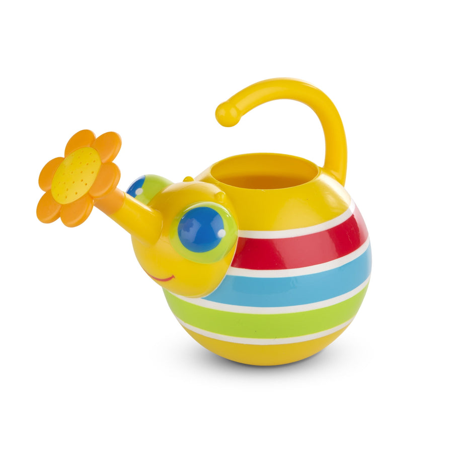 Bright yellow striped bug-shaped watering can with flower-shaped spout on a white background