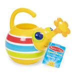 Yellow striped bug watering can with attached Melissa & Doug Sunny Patch tag on white background